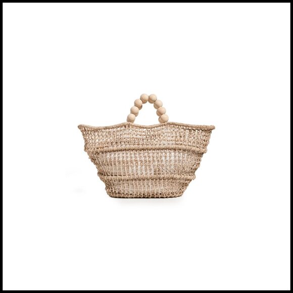 Straw Tote Bag Woven Design Wooden Bead Handles Elegant Minimal Chic